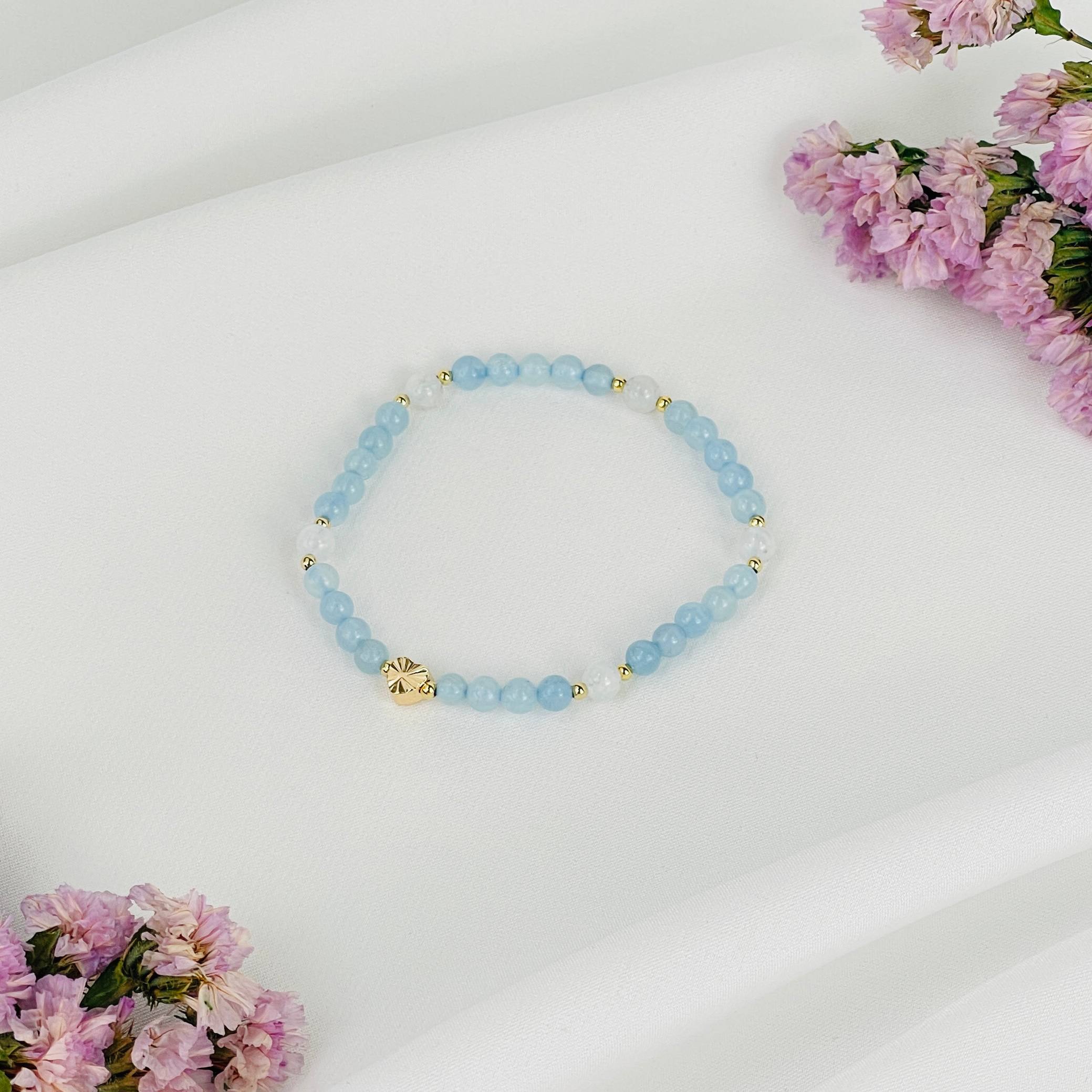 Браслет детский из Аквамарина и Лунного камня со вставкой сердце - изображение товара №1