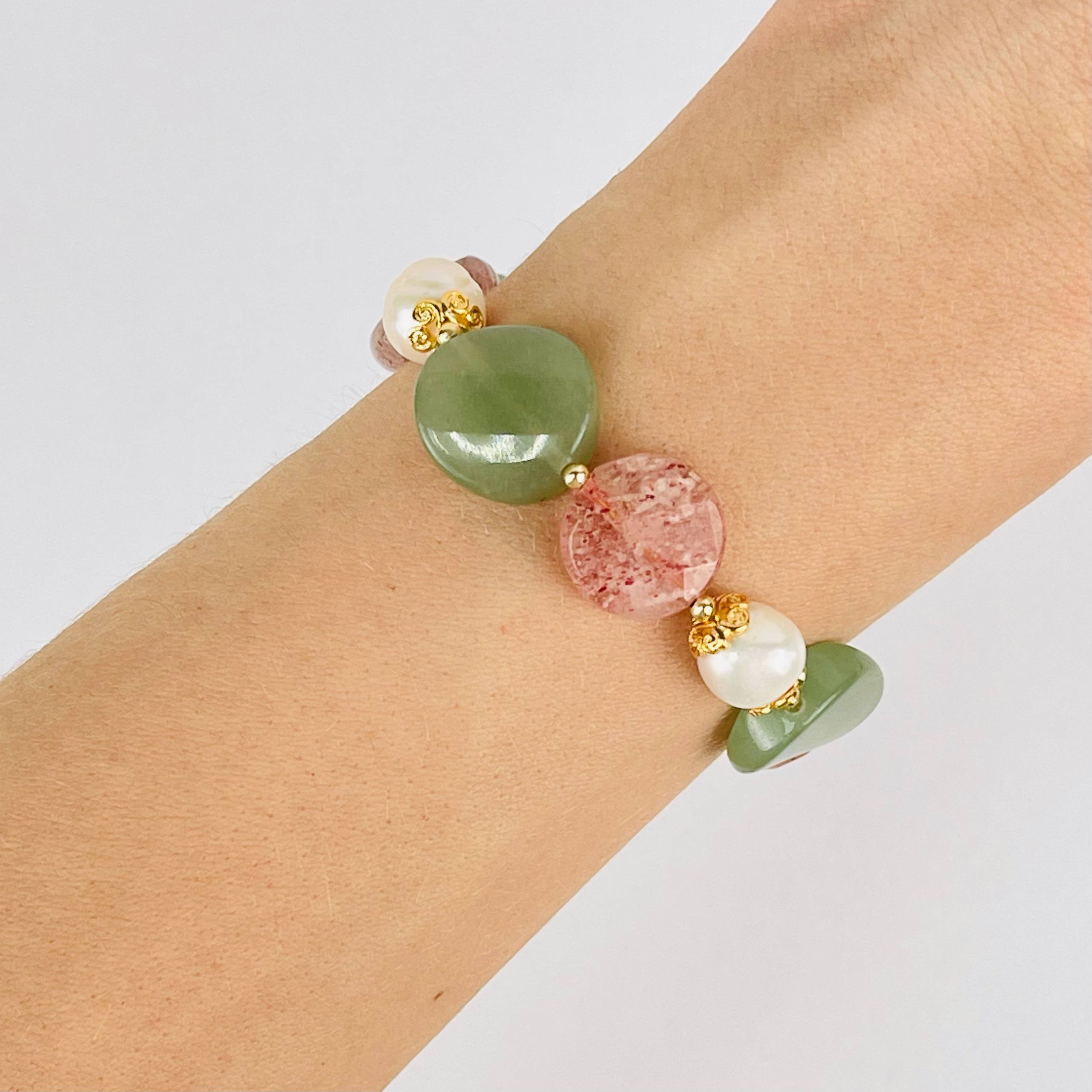 Браслет из Клубничного кварца, Жемчуга и Авантюрина - изображение товара №0