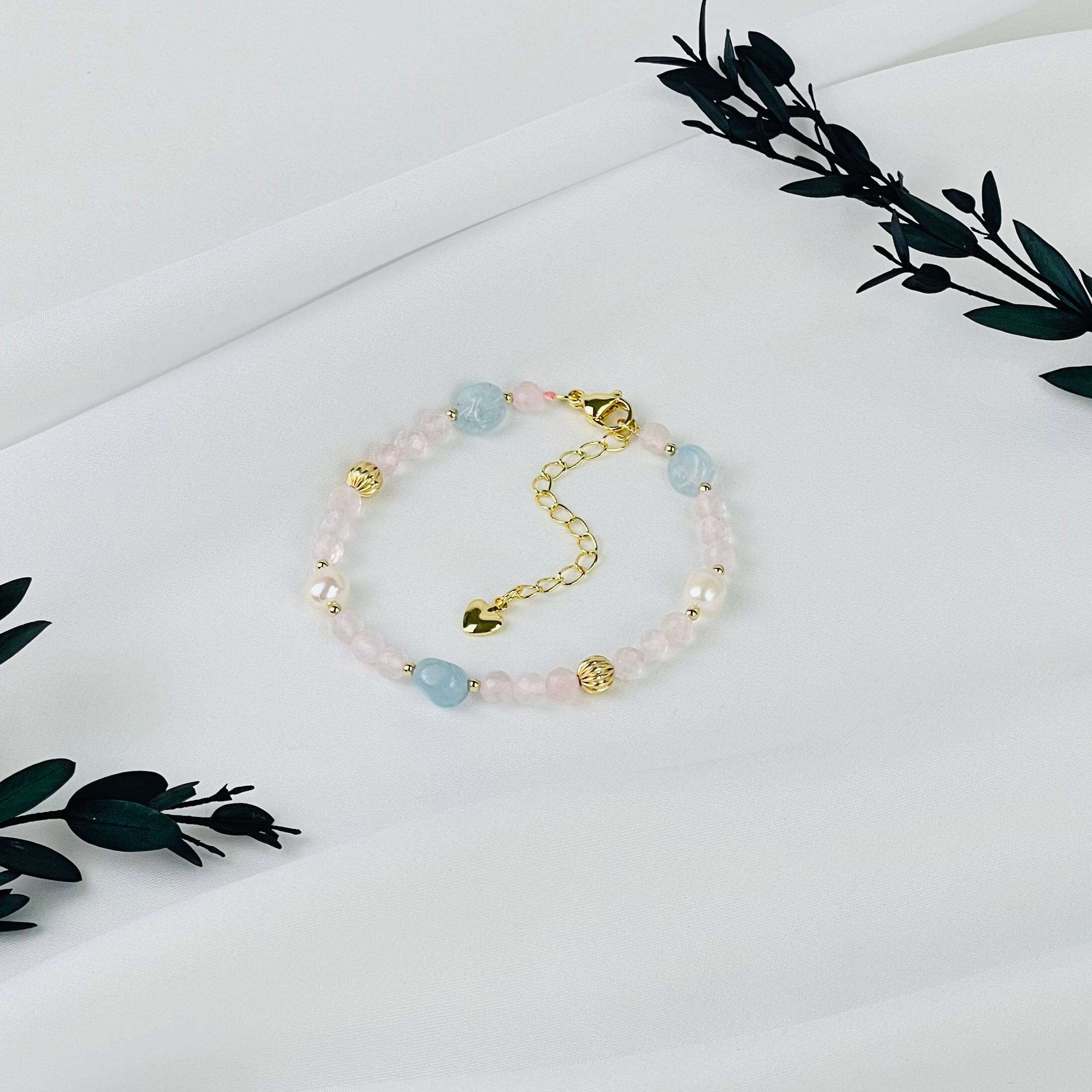 Браслет из Розового кварца, Аквамарина и Жемчуга - изображение товара №2