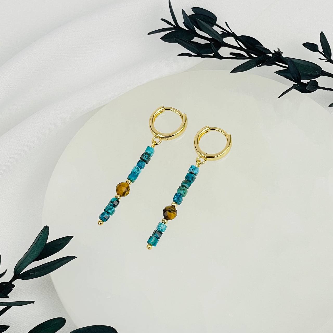 Серьги длинные из Хризоколлы и Тигрового глаза - изображение товара №2