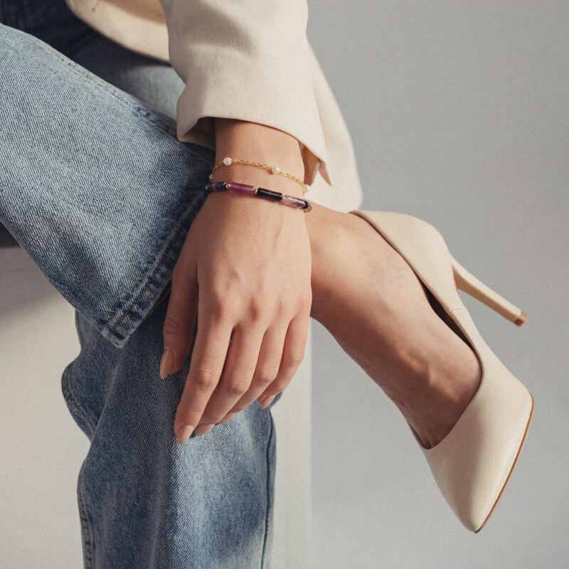 двойной браслет из флюорита и жемчуга