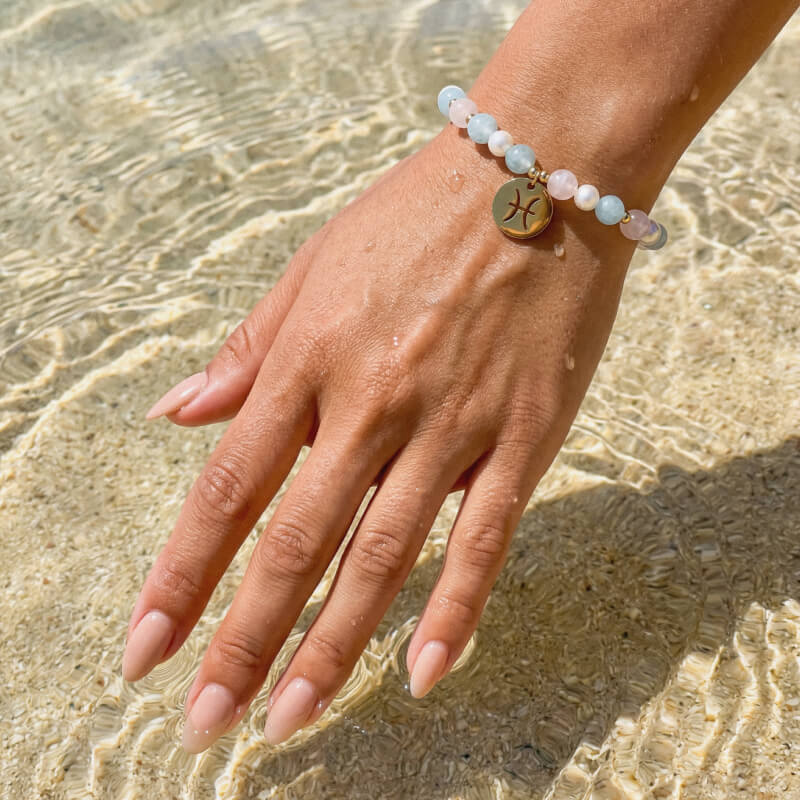 Браслет для Рыб из аквамарина, жемчуга и розового кварца