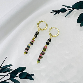 Серьги длинные из Турмалина микс и Обсидиана
