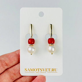 Серьги двойные из Жемчуга и Коралла