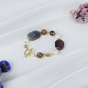 Браслет из ботсванского Агата, Раухтопаза и Жемчуга