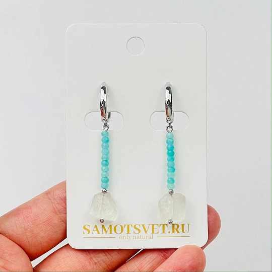 Серьги длинные из Амазонита и Горного Хрусталя, Артикул: 115556 - изображение товара №1