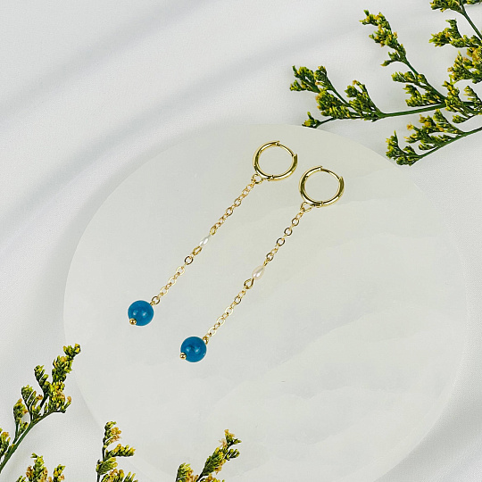 Серьги на цепочке из Апатита и Жемчуга, Артикул: 116906 - изображение товара №1