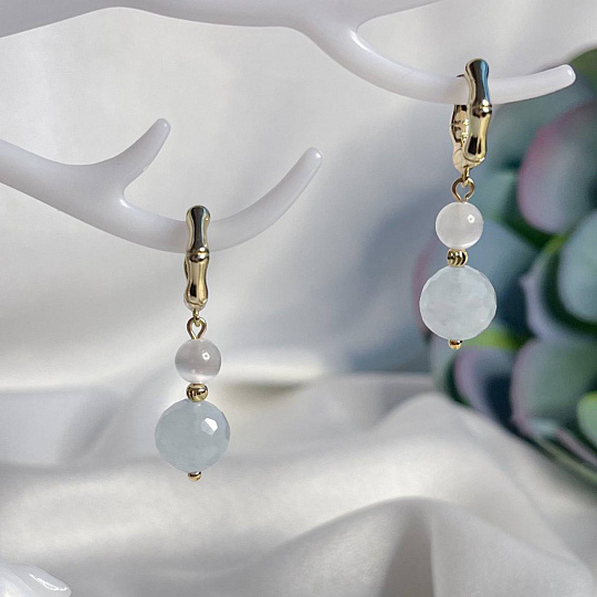 Серьги двойные из Аквамарина и Селенита, Артикул: 096350 - изображение товара №2