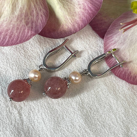 Серьги двойные из Клубничного кварца и Жемчуга, Артикул: 098926 - изображение товара №4