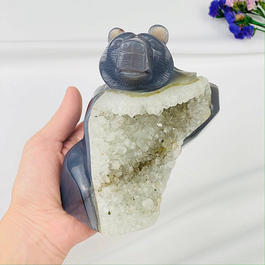 Медведь резной из камня Агат серый с жеодой, Артикул: 071568 - изображение товара №4