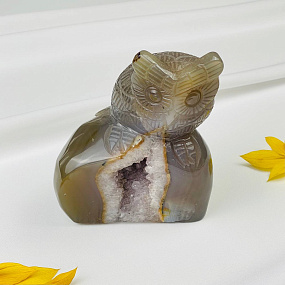 Сова резная из камня Агат серый с жеодой, Артикул: 071561 - изображение товара №1