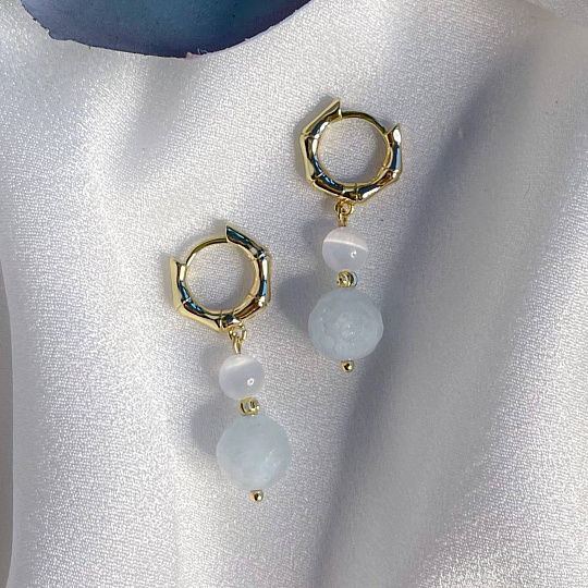 Серьги двойные из Аквамарина и Селенита, Артикул: 096350 - изображение товара №1