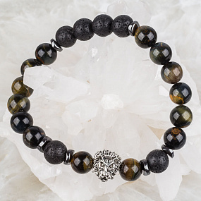 Браслет мужской "Лев" из Тигрово-соколиного глаза и Лавы