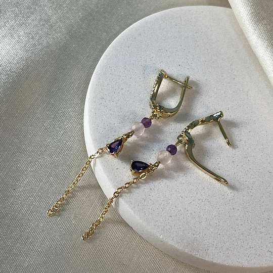Серьги с цепочкой из Аметиста, Розового кварца и Фианита, Артикул: 097744 - изображение товара №2