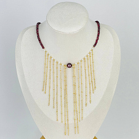 Колье из Граната, Жемчуга и Лепидолита, Артикул: 117393 - изображение товара №1