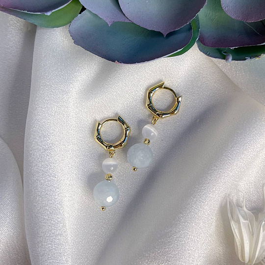 Серьги двойные из Аквамарина и Селенита, Артикул: 096350 - изображение товара №3