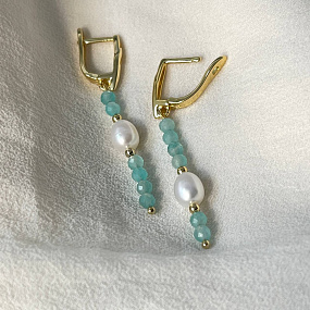 Серьги длинные из Амазонита и Жемчуга