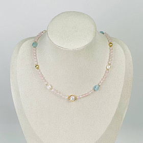 Колье из Розового кварца, Аквамарина и Жемчуга