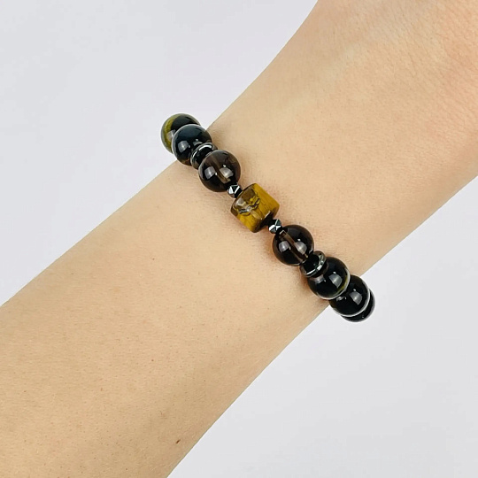 Браслет из Тигрово-Соколиного глаза, Раухтопаза и Гематита, Артикул: 118771 - изображение товара №2