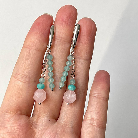 Серьги из Амазонита и Розового кварца, Артикул: 098520 - изображение товара №4