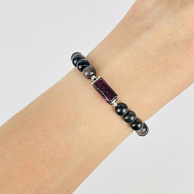 Браслет из серебристого Обсидиана и Граната