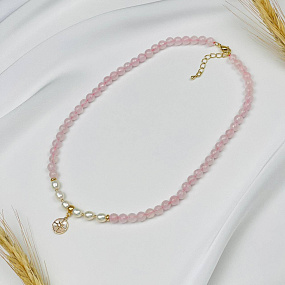 Бусы из Розового кварца и Жемчуга с подвеской