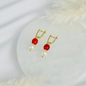 Серьги двойные из Жемчуга и Коралла, Артикул: 117183 - изображение товара №2