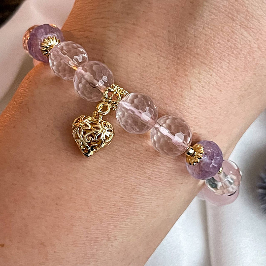 Браслет с подвеской "Сердце" из Розового кварца и Аметиста, Артикул: 096264 - изображение товара №2