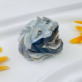 Лев резной из камня Агат серый с жеодой, Артикул: 071583 - изображение товара №3