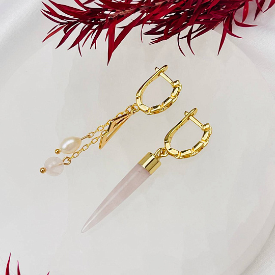 Серьги из Розового кварца и Жемчуга, Артикул: 108392 - изображение товара №2