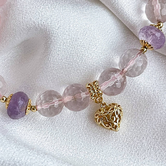 Браслет с подвеской "Сердце" из Розового кварца и Аметиста, Артикул: 096264 - изображение товара №5