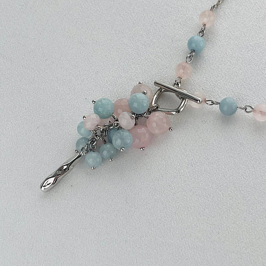 Колье на цепочке с подвеской из Розового кварца и Аквамарина, Артикул: 099558 - изображение товара №3
