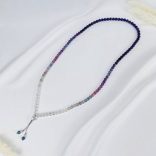 Четки буддийские (Мала) из Флюорита, Аметиста и Горного Хрусталя (108 бусин), Артикул: 116692 - изображение товара №1