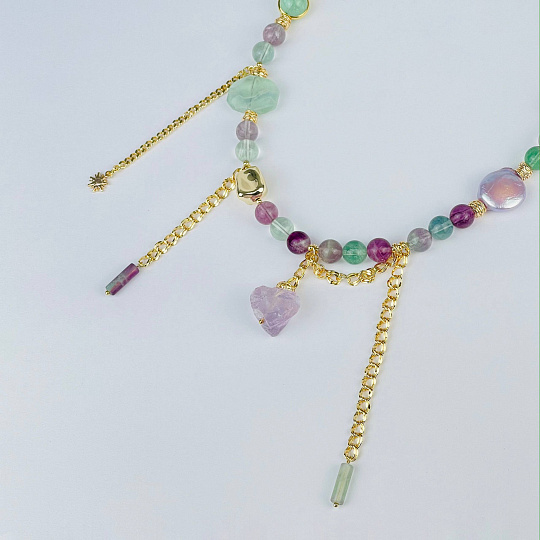 Колье из Флюорита, Аметиста и Жемчуга, Артикул: 117386 - изображение товара №2