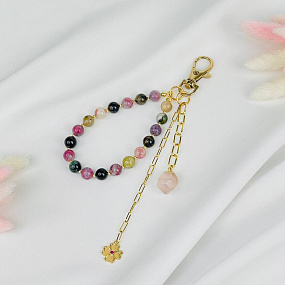 Брелок из Турмалина микс и Розового кварца, Артикул: 117829 - изображение товара №1