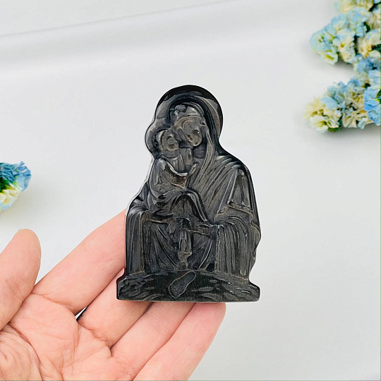 Образ Почаевской Божией Матери из серебристого Обсидиана, Артикул: 108438 - изображение товара №1