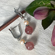 Серьги двойные из Клубничного кварца и Жемчуга