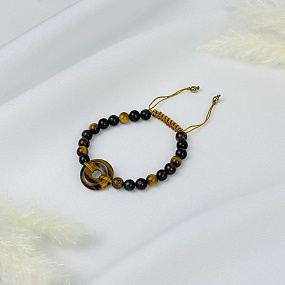 Браслет регулиреумый с бусиной (Би) из Тигрового,Соколиного и Бычьего глаза