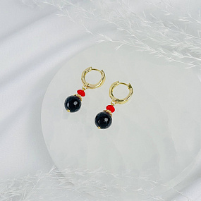 Серьги двойные из черного Агата и Коралла, Артикул: 117176 - изображение товара №2