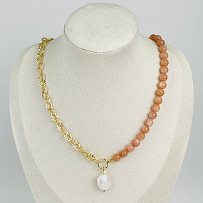 Колье из Лунного камня с кулоном из Жемчуга, Артикул: 102534 - изображение товара №1