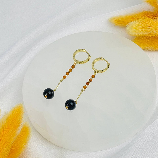 Серьги длинные из полосатого Агата и Граната (Спессартин), Артикул: 118510 - изображение товара №2