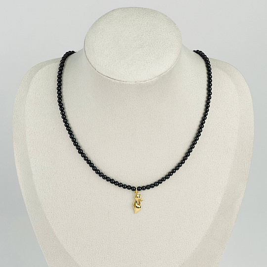 Бусы из черного Турмалина с подвеской "Кошка", Артикул: 101181 - изображение товара №1