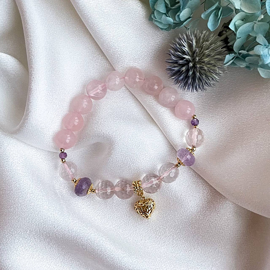 Браслет с подвеской "Сердце" из Розового кварца и Аметиста, Артикул: 096264 - изображение товара №6