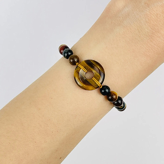 Браслет регулиреумый с бусиной (Би) из Тигрового,Соколиного и Бычьего глаза, Артикул: 118757 - изображение товара №2