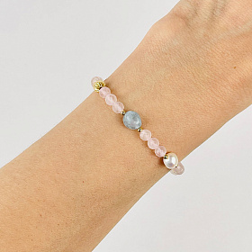 Браслет из Розового кварца, Аквамарина и Жемчуга