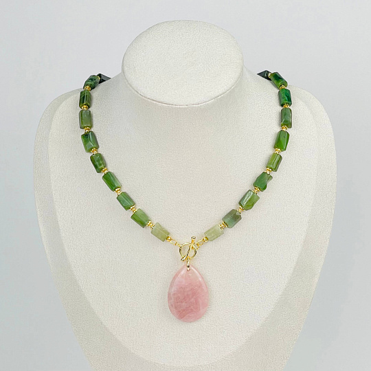 Колье из Нефрита и Розового кварца (градиент), Артикул: 116870 - изображение товара №1