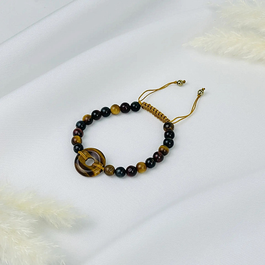 Браслет регулиреумый с бусиной (Би) из Тигрового,Соколиного и Бычьего глаза, Артикул: 118757 - изображение товара №1