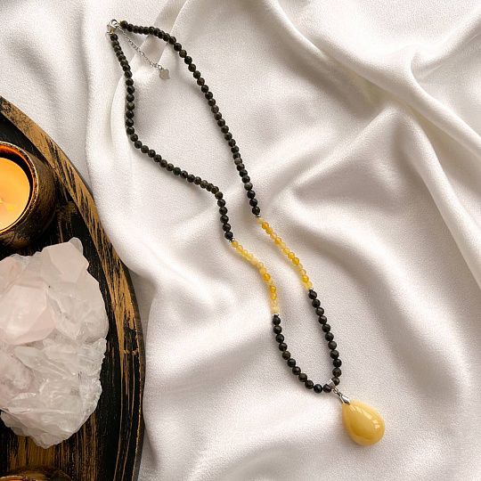 Бусы с кулоном из Обсидиана и Опала, Артикул: 098487 - изображение товара №1