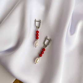 Серьги длинные из Коралла и Жемчуга