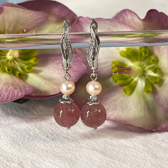 Серьги двойные из Клубничного кварца и Жемчуга, Артикул: 098926 - изображение товара №1